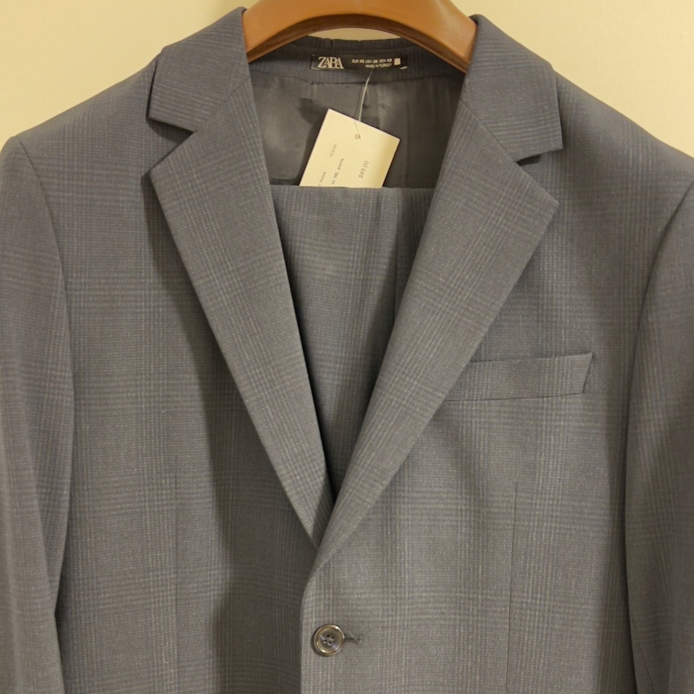 Zara Navy Plaid Full Suit 38L + 31Wx31L Trousers